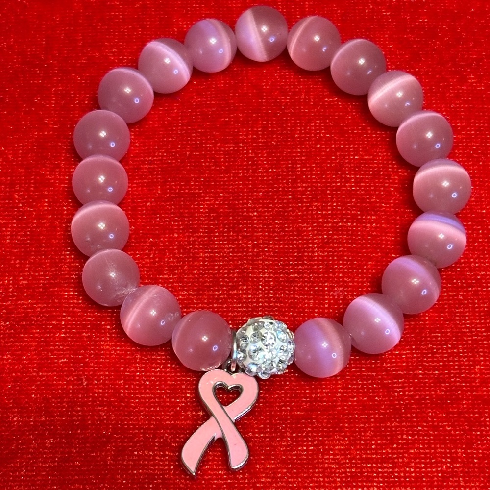 Pink Cats Eye Breast Cancer Survivor Stretch Bracelet with Crystal & Charm.